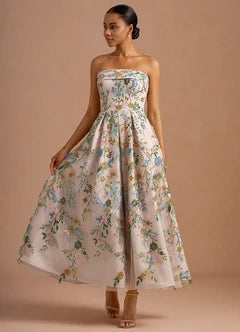 White Floral Embroidered Strapless A-Line Midi Evening Dresses