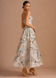 White Floral Embroidered Strapless A-Line Midi Evening Dresses