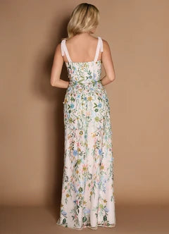 White Floral Embroidered Sweetheart Neck Tie Strap Maxi Evening Dresses