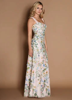 White Floral Embroidered Sweetheart Neck Tie Strap Maxi Evening Dresses