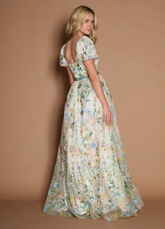 White Floral Embroidery Puff Sleeve V-Neck A-Line Maxi Evening Dresses