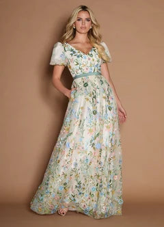 White Floral Embroidery Puff Sleeve V-Neck A-Line Maxi Evening Dresses