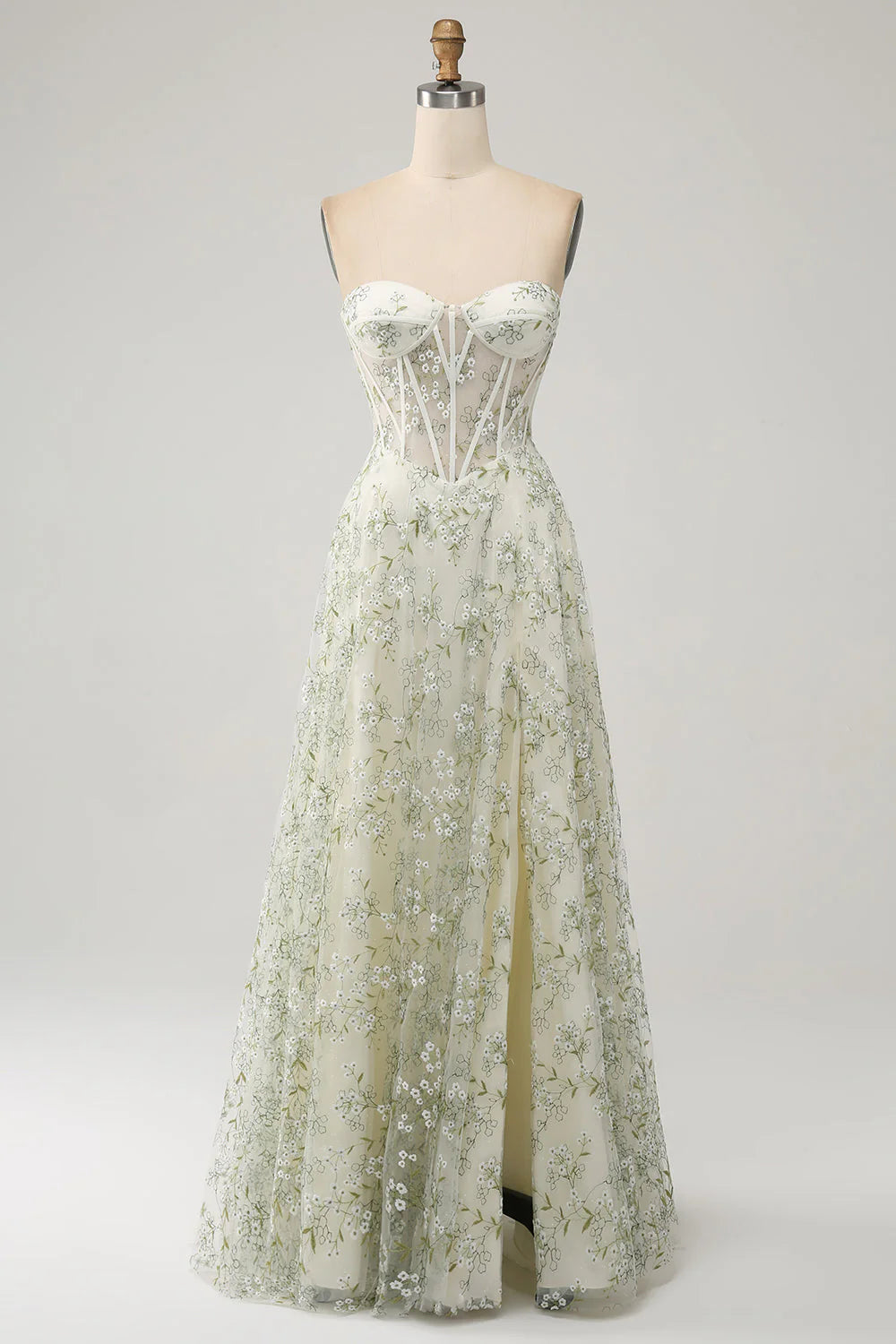 White Floral Embroidery Strapless Corset Lace-Up A-Line Evening Dresses