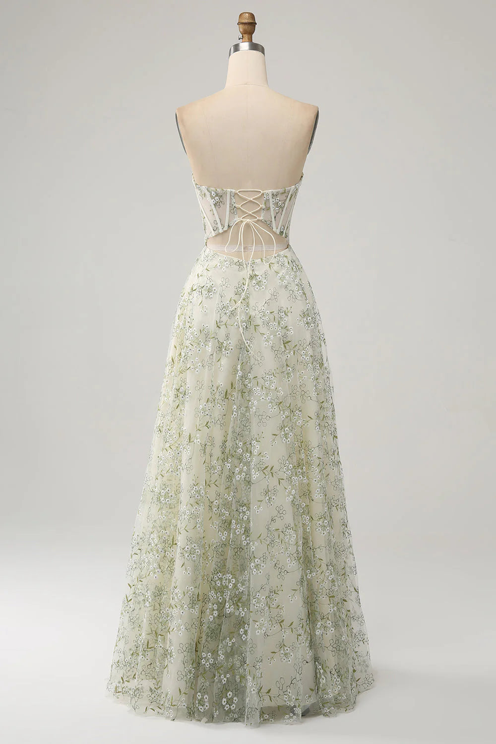 White Floral Embroidery Strapless Corset Lace-Up A-Line Evening Dresses
