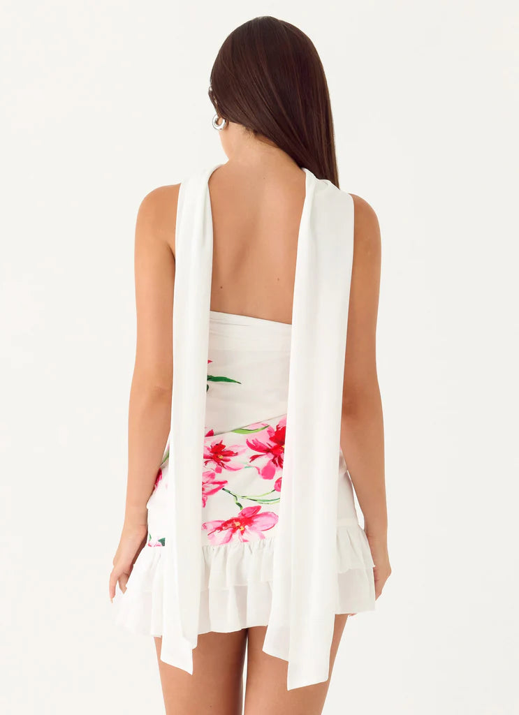 White Floral Halter Scarf Ruffle Mini Evening Dresses
