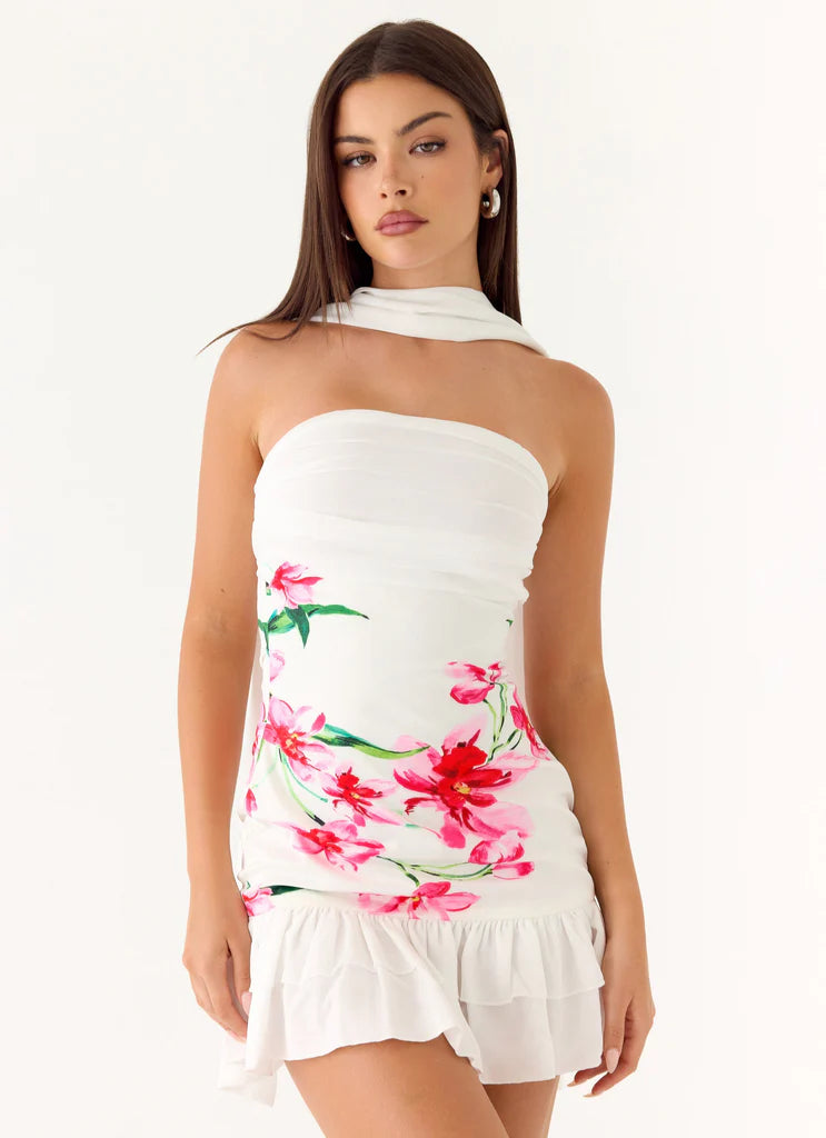 White Floral Halter Scarf Ruffle Mini Evening Dresses