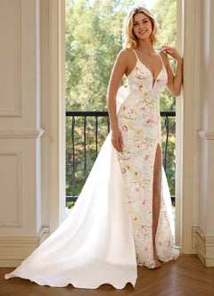 White Floral Lace Applique Mermaid High Slit Maxi Evening Dresses