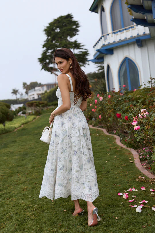 White Floral Lace Corset Midi Evening Dresses with Bow