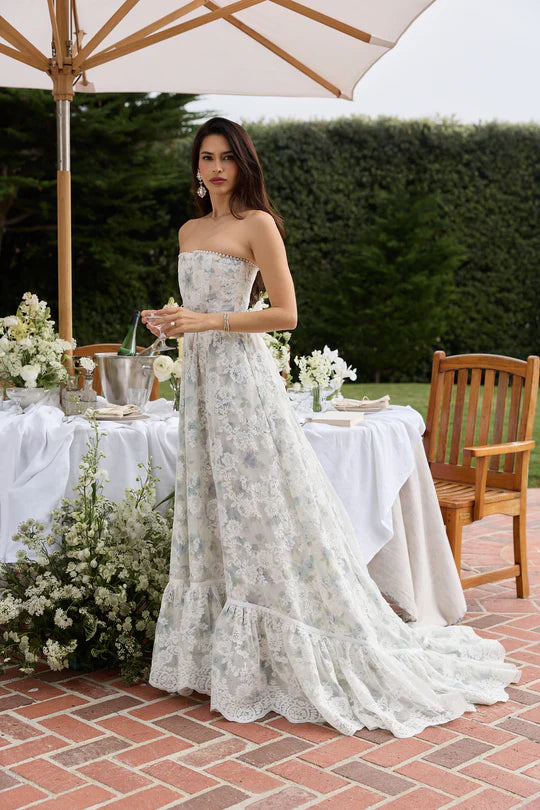 White Floral Lace Strapless Corset Back A-Line Evening Dresses with Bow