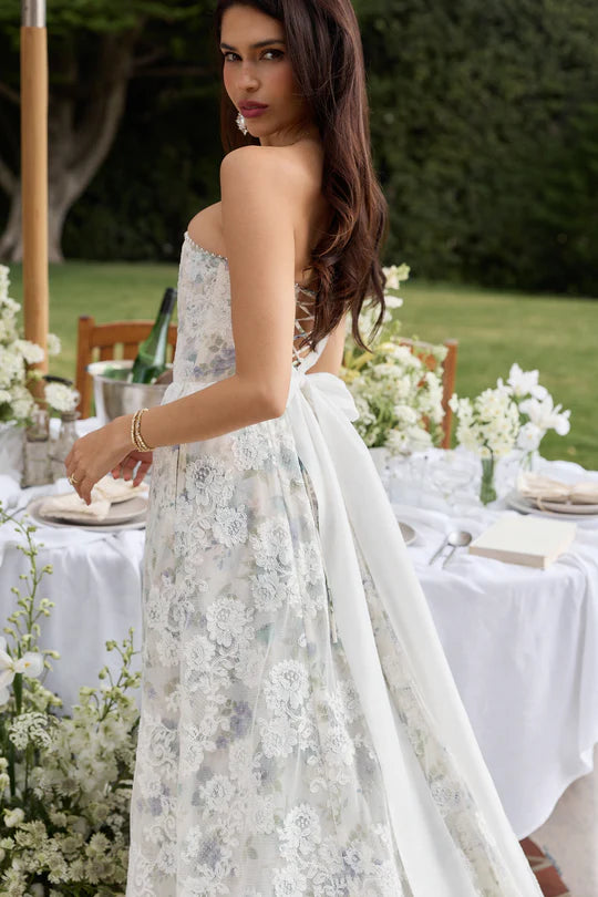 White Floral Lace Strapless Corset Back A-Line Evening Dresses with Bow