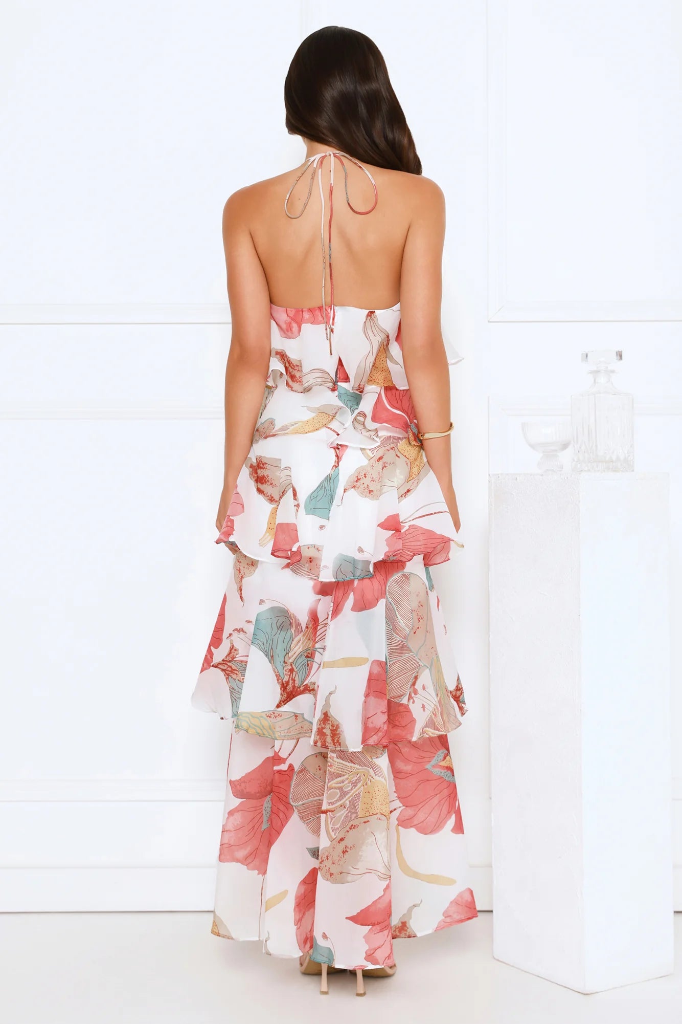 White Floral Print Halter Neck Ruffle Tiered Evening Dresses