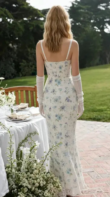 White Floral Print Lace Corset Midi Evening Dresses