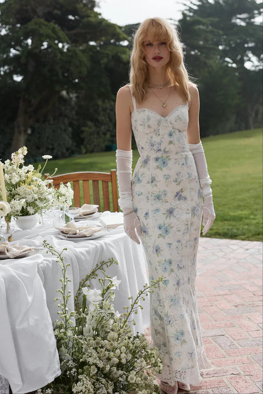 White Floral Print Lace Corset Midi Evening Dresses