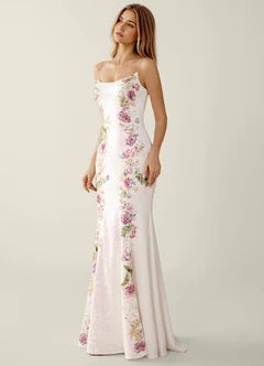 White Floral Print Mermaid Spaghetti Strap Evening Dresses