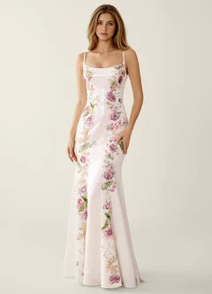 White Floral Print Mermaid Spaghetti Strap Evening Dresses