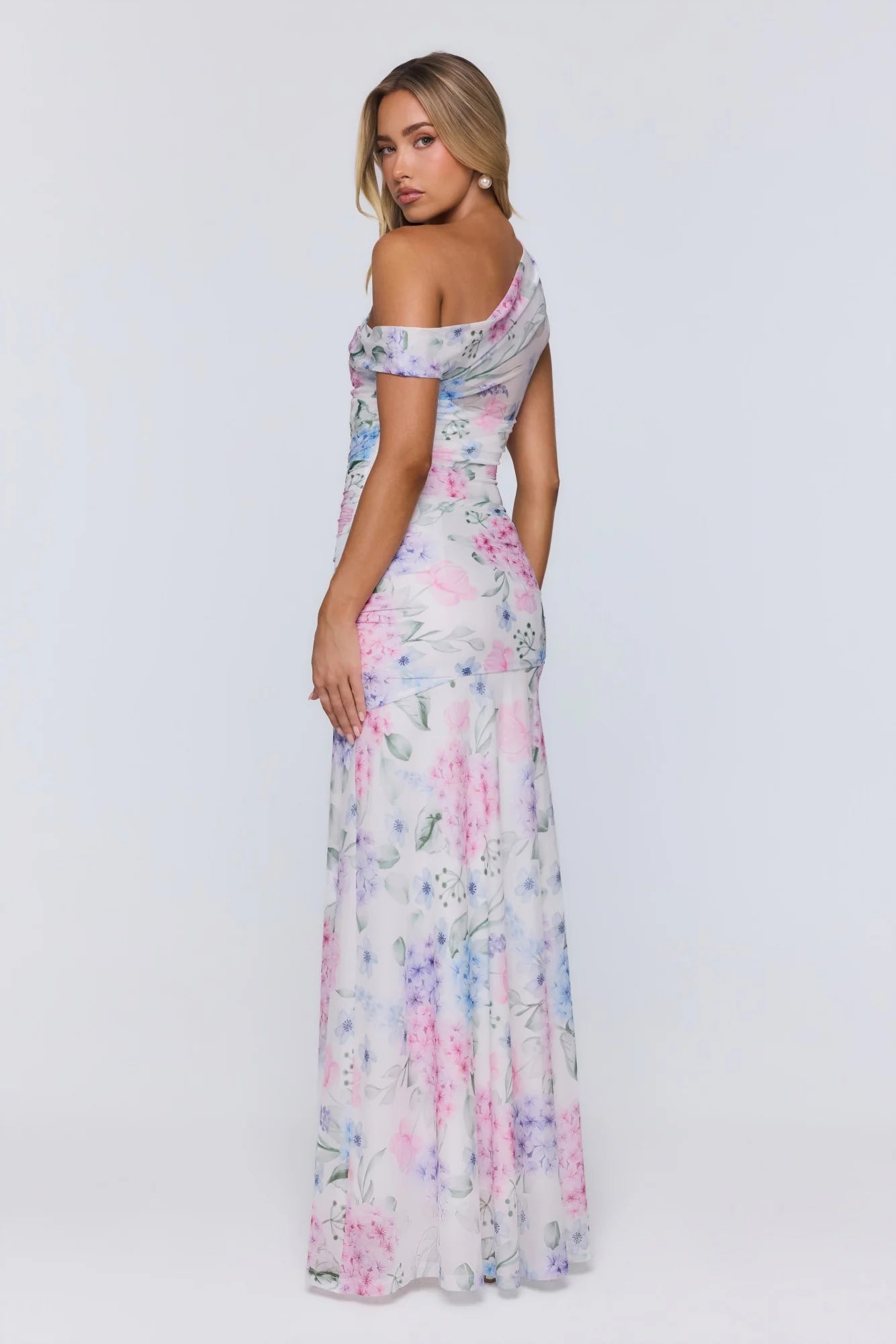 White Floral Print One-Shoulder Ruched Chiffon Evening Dress