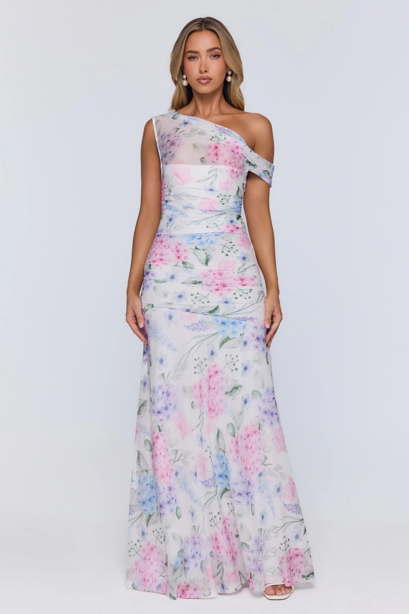 White Floral Print One-Shoulder Ruched Chiffon Evening Dress
