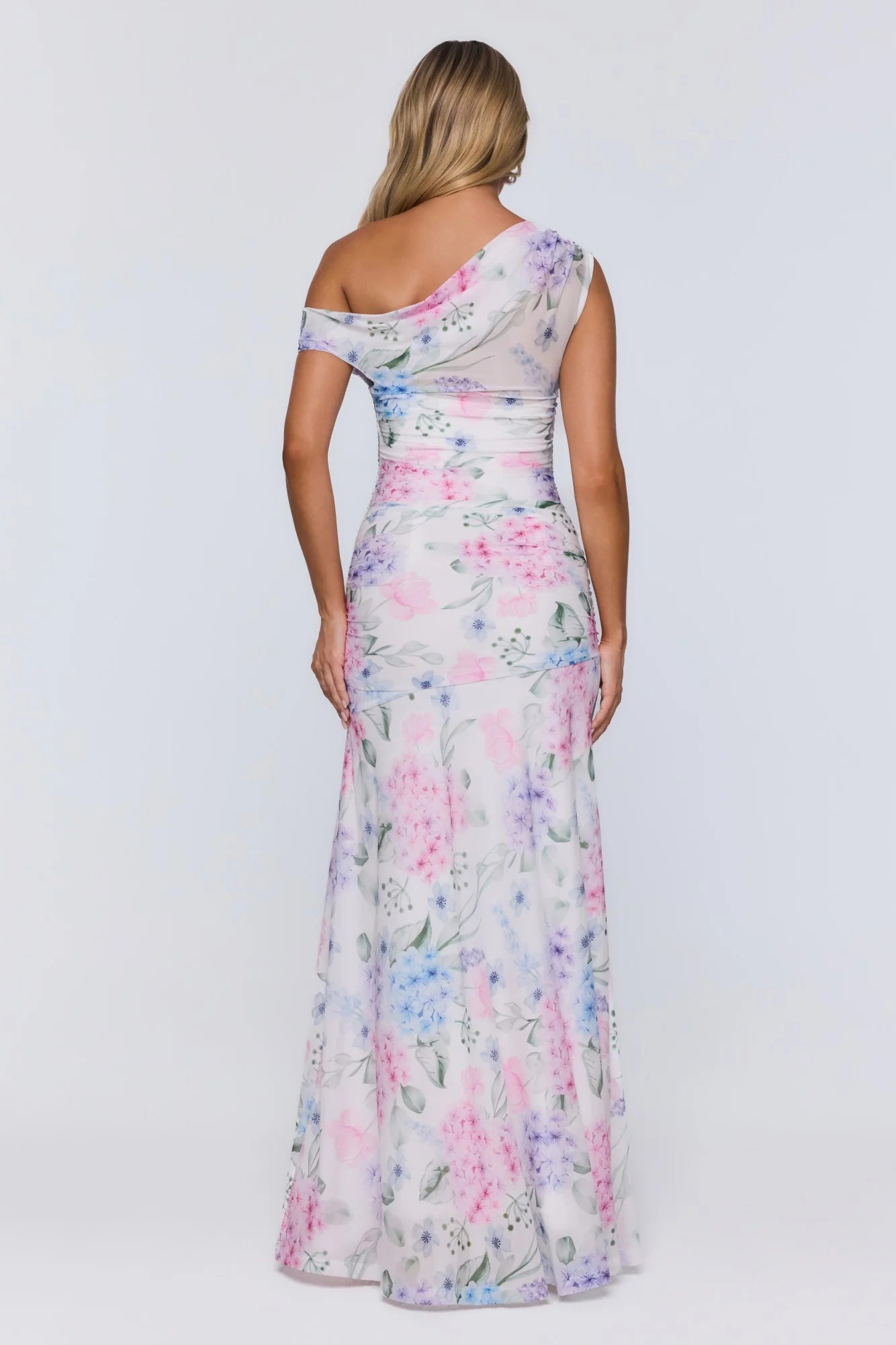 White Floral Print One-Shoulder Ruched Chiffon Evening Dress