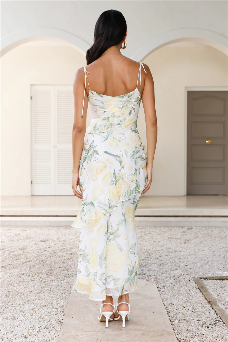 White Floral Spaghetti Strap Ruffle Maxi Evening Dresses