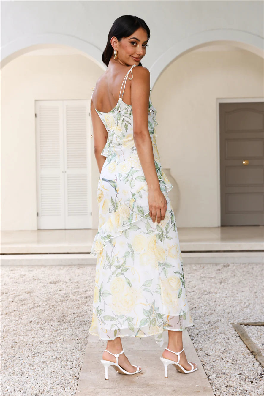 White Floral Spaghetti Strap Ruffle Maxi Evening Dresses