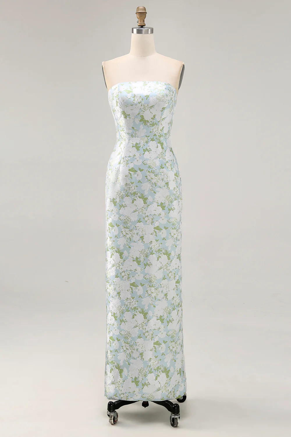 White Flower Sheath Strapless Printed Midi Dress with Slit