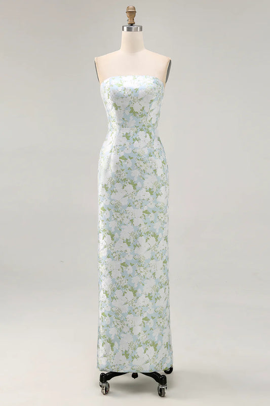 White Flower Sheath Strapless Printed Midi Dress with Slit