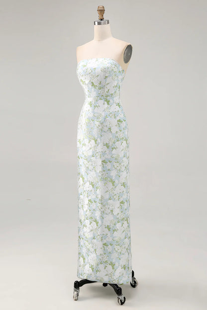 White Flower Sheath Strapless Printed Midi Dress with Slit