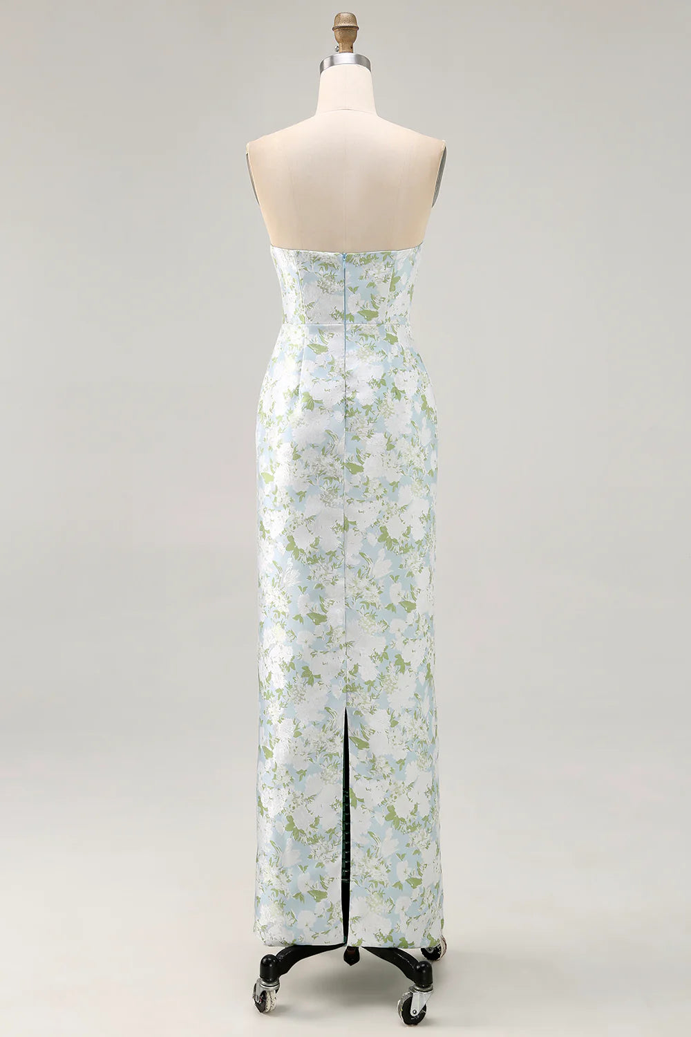 White Flower Sheath Strapless Printed Midi Dress with Slit