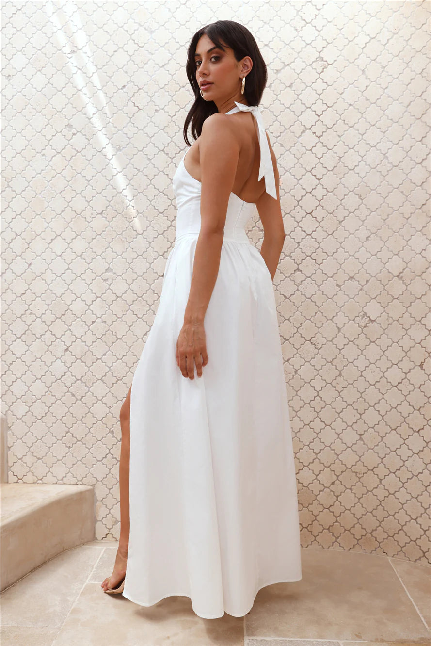 White Halter Neck Corset Slit Maxi Evening Dresses