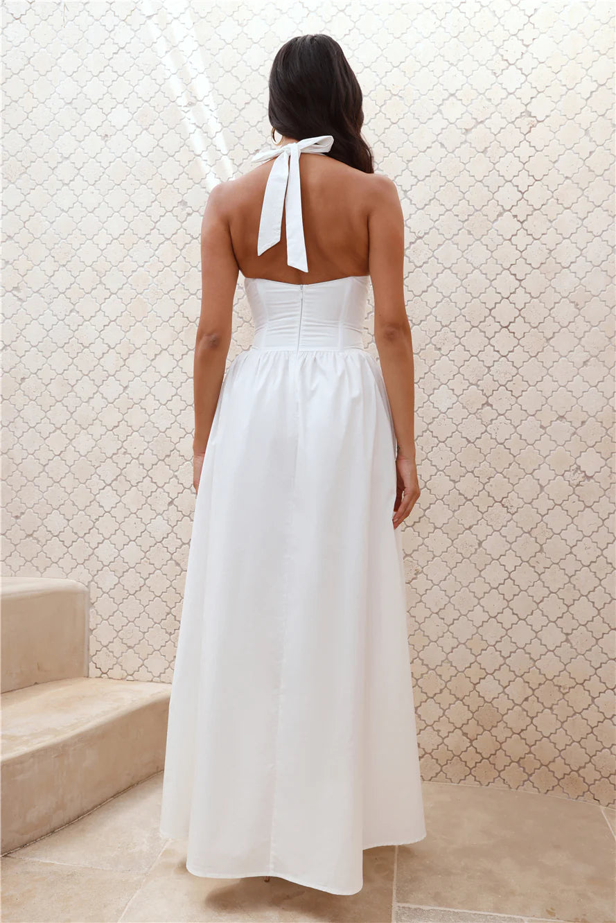 White Halter Neck Corset Slit Maxi Evening Dresses