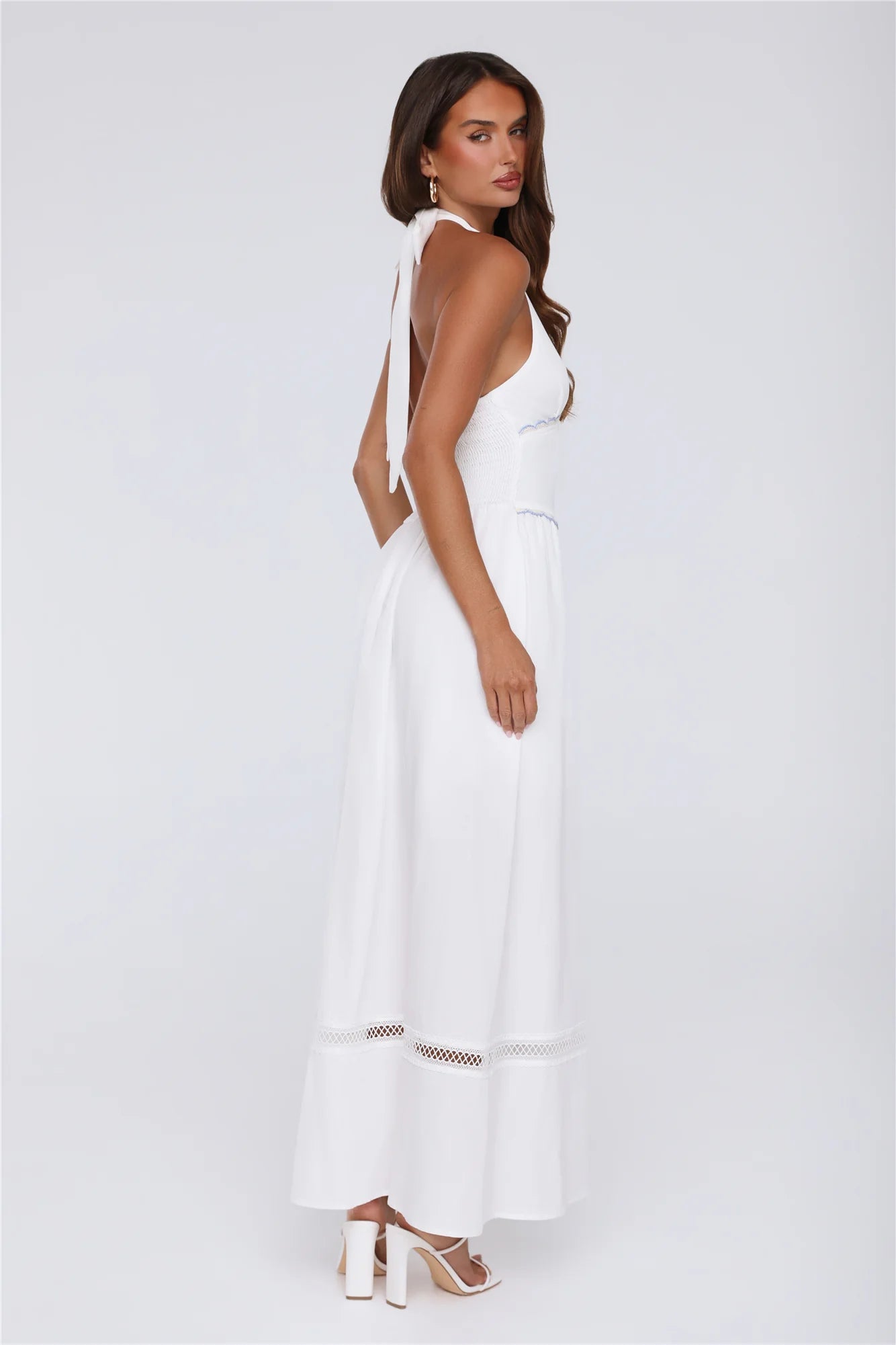 White Halter Neck Crochet Trim Open-Back Maxi Evening Dresses