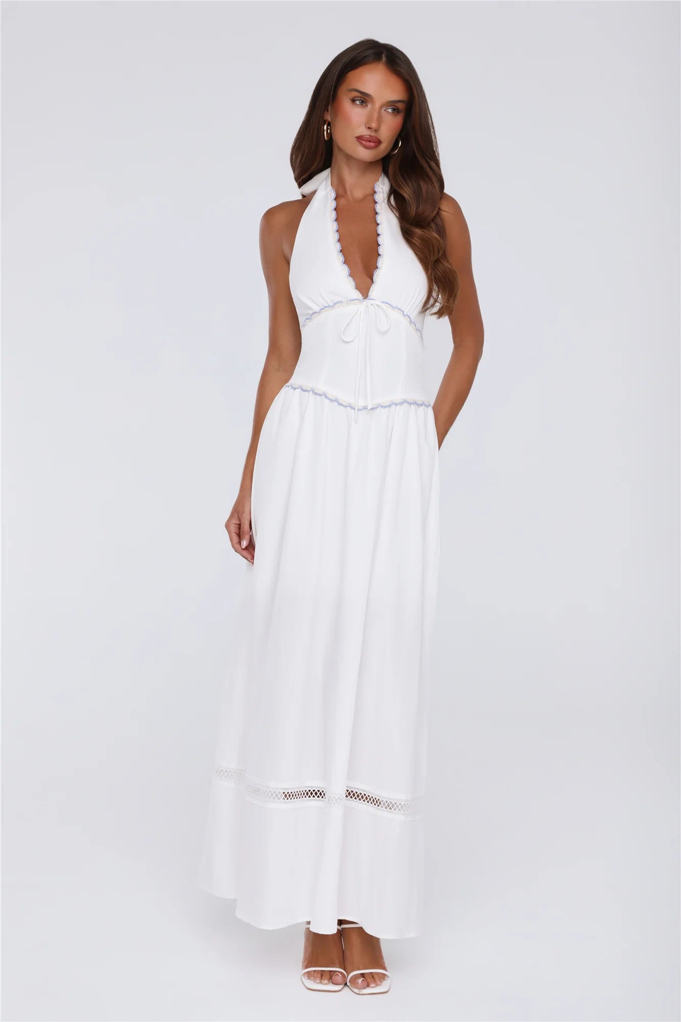 White Halter Neck Crochet Trim Open-Back Maxi Evening Dresses