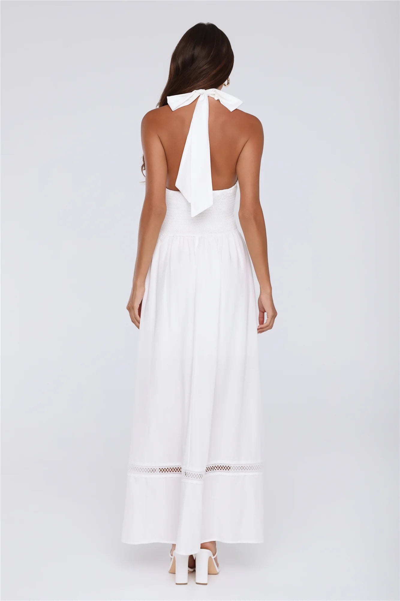White Halter Neck Crochet Trim Open-Back Maxi Evening Dresses