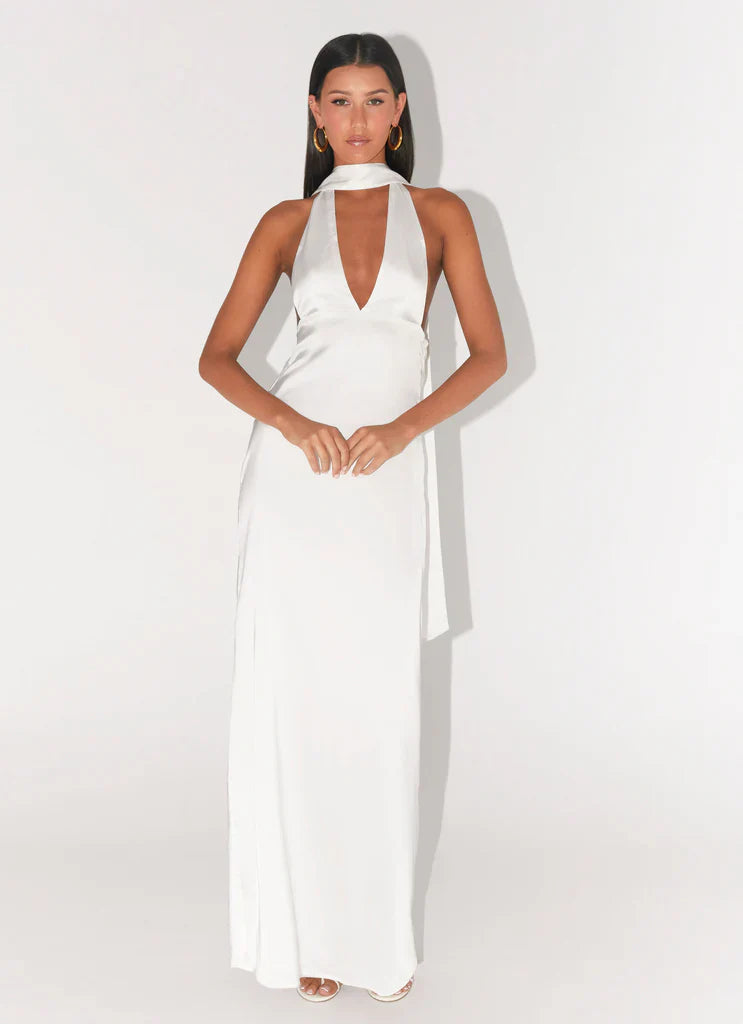 White Halter Neck Deep V Backless Satin Maxi Bridal Dress For Elegant Romantic Wedding Events