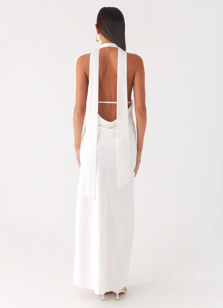 White Halter Neck Deep V Backless Satin Maxi Bridal Dress For Elegant Romantic Wedding Events