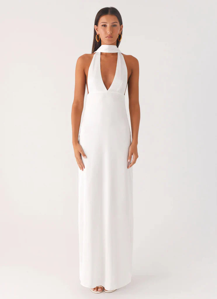 White Halter Neck Deep V Backless Satin Maxi Bridal Dress For Elegant Romantic Wedding Events