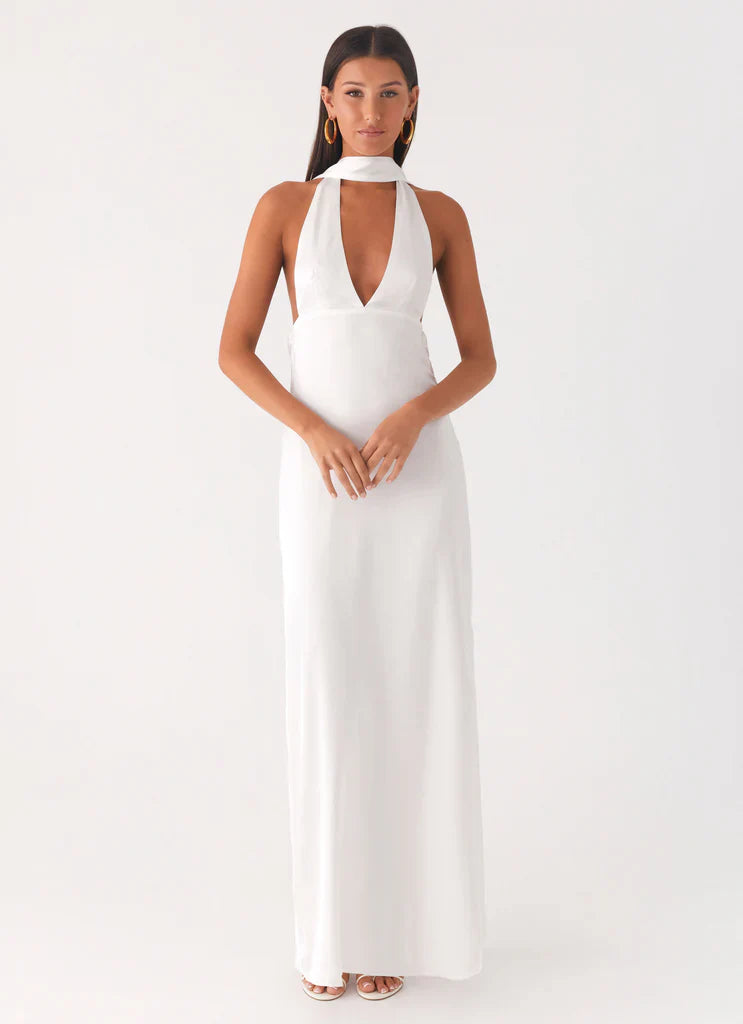 White Halter Neck Deep V Backless Satin Maxi Bridal Dress For Elegant Romantic Wedding Events