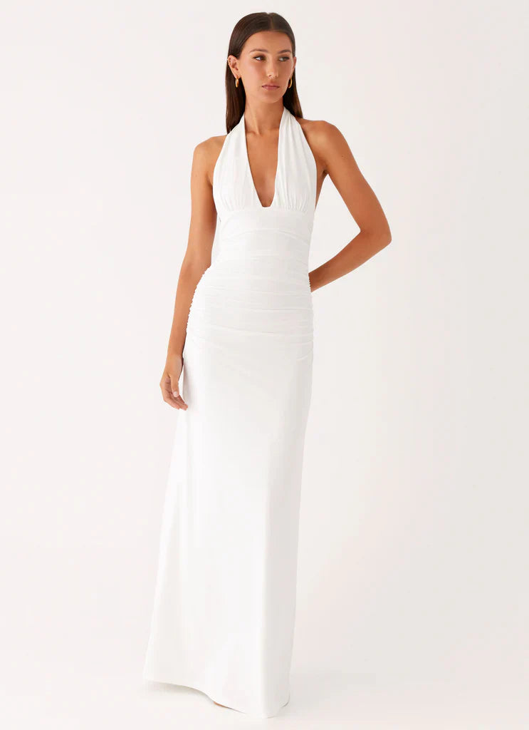 White Halter Neck Deep V Ruched Backless Maxi Bridal Dress For Elegant Romantic Wedding Events