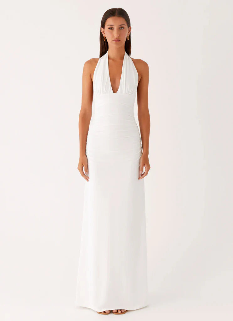 White Halter Neck Deep V Ruched Backless Maxi Bridal Dress For Elegant Romantic Wedding Events