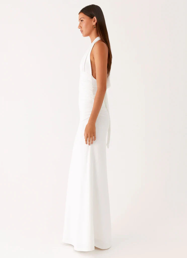 White Halter Neck Deep V Ruched Backless Maxi Bridal Dress For Elegant Romantic Wedding Events