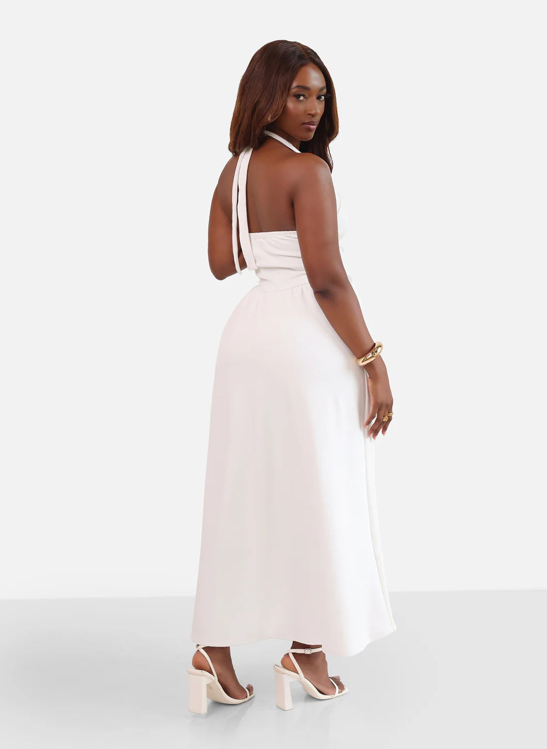 White Halter V-Neck Pocket Midi Evening Dresses