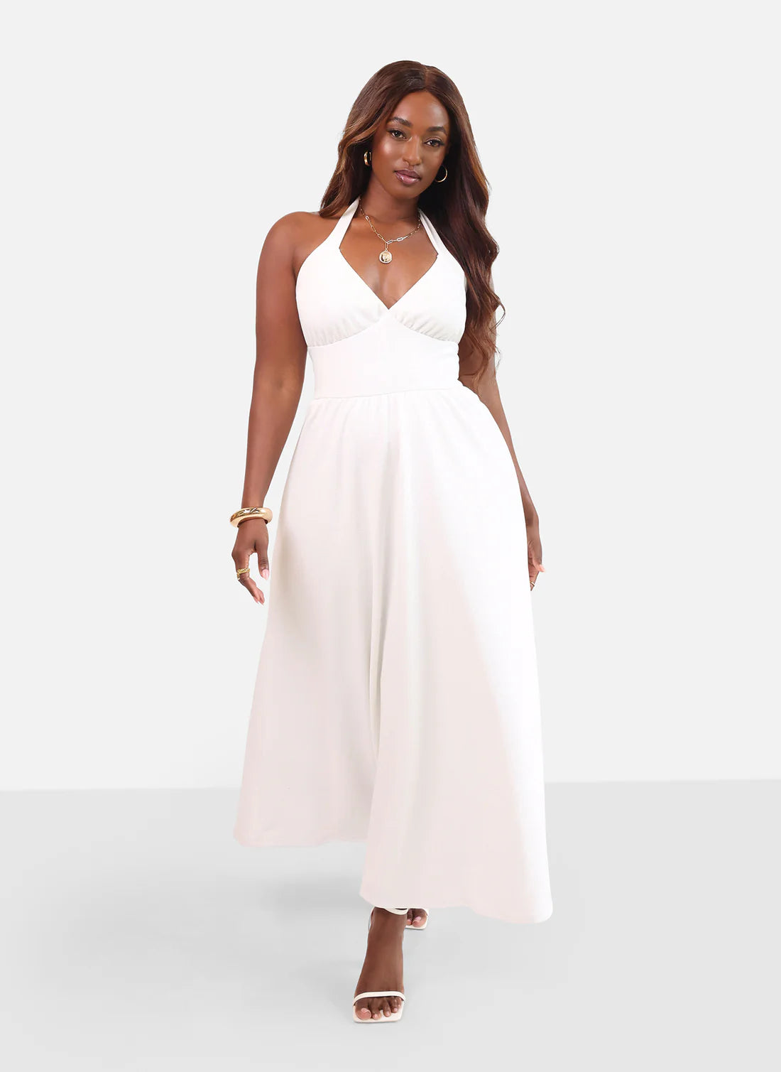 White Halter V-Neck Pocket Midi Evening Dresses