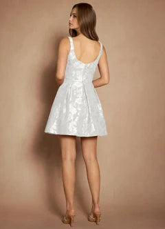 White Jacquard Square Neck Sleeveless A-Line Mini Evening Dresses