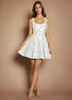 White Jacquard Square Neck Sleeveless A-Line Mini Evening Dresses