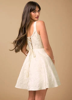 White Lace Applique Square Neck Lace-Up Back A-Line Mini Evening Dresses