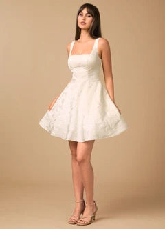 White Lace Applique Square Neck Lace-Up Back A-Line Mini Evening Dresses