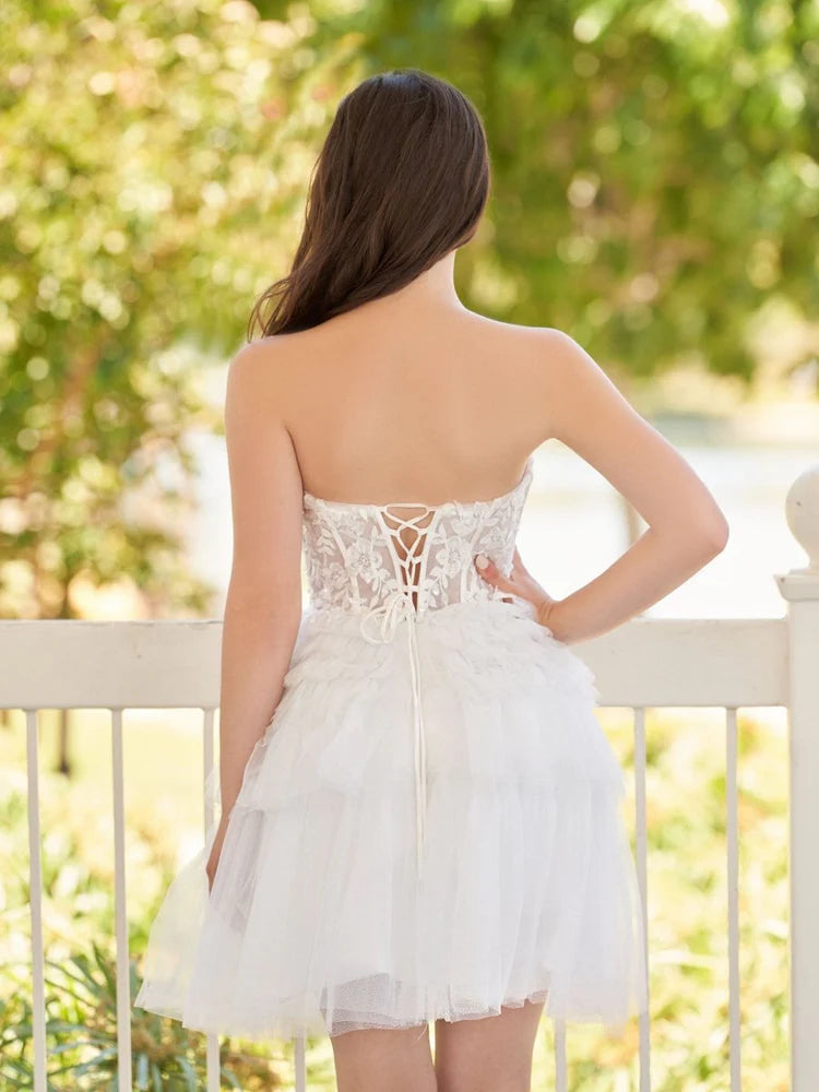 White Lace Corset Tulle Tiered Ruffle Mini Evening Dresses
