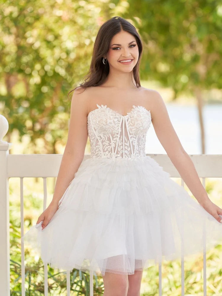 White Lace Corset Tulle Tiered Ruffle Mini Evening Dresses