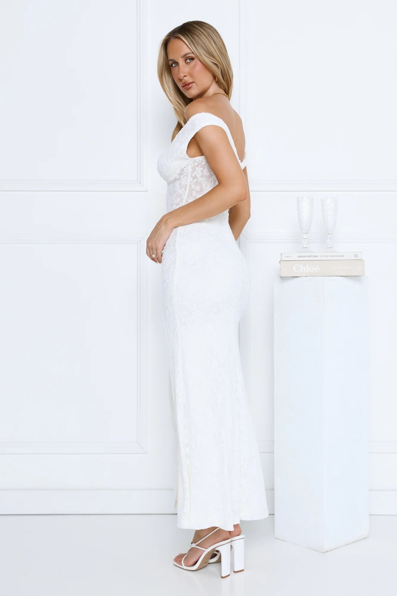 White Lace Off-the-Shoulder Maxi Evening Dresses with Sheer Panel & High Slit