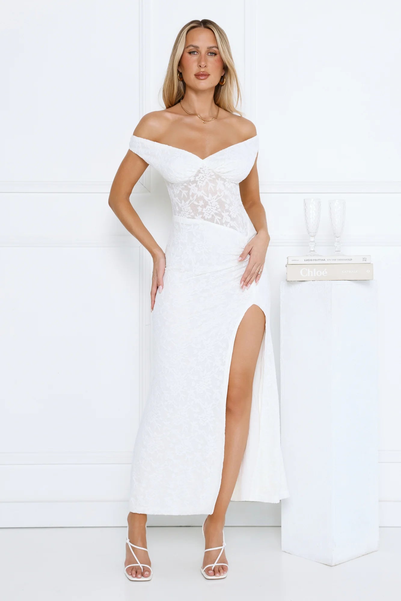 White Lace Off-the-Shoulder Maxi Evening Dresses with Sheer Panel & High Slit
